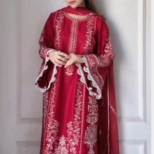 scarlet red embroidered 3 piece suit