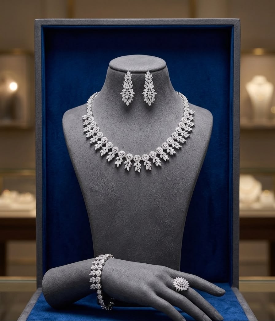 white gold zircon jewellery set necklace, earrings, ring & bracelet white gold zircon jewellery set necklace, earrings, ring & bracelet