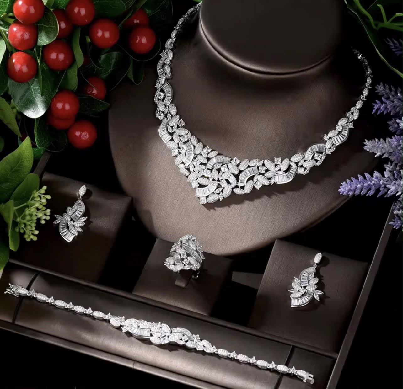 luxury baguette zircon jewellery set necklace, earrings, ring & bracelet luxury baguette zircon jewellery set necklace, earrings, ring & bracelet