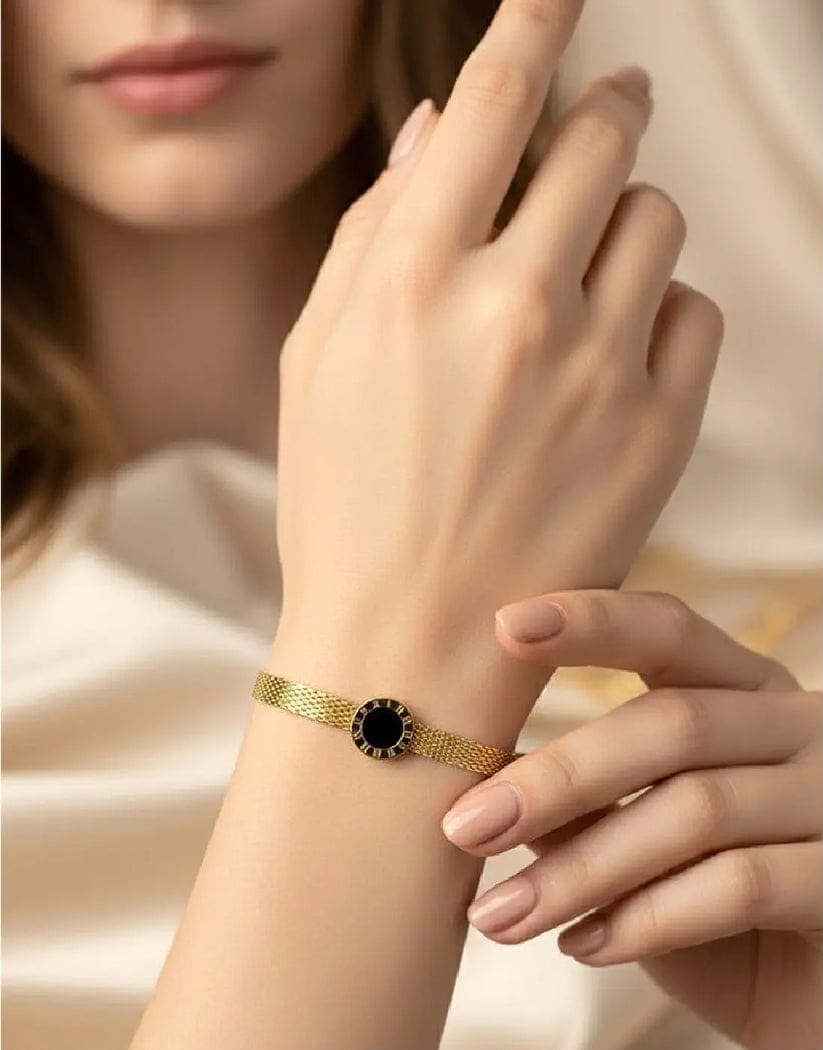`gold mesh chain bracelet with black medallion charm `gold mesh chain bracelet with black medallion charm