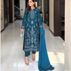 teal embroidered 3 piece festive silk ensemble