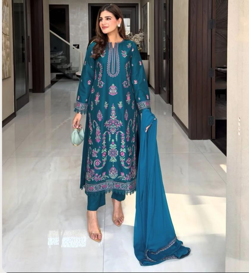 teal embroidered 3 piece festive silk ensemble teal embroidered 3 piece festive silk ensemble
